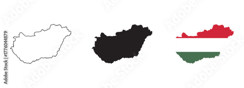 Hungary map vector set with editable country outline black silhouette and national flag design featuring red white and green horizontal stripes on white background for geography and education use