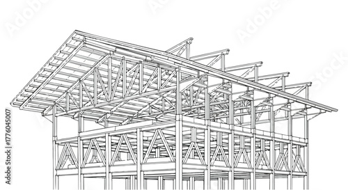 Steel frame building structure architecture vector line art illustration.