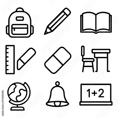 A minimalist line icon set featuring essential school supplies and classroom objects, perfect for back to school and educational design projects