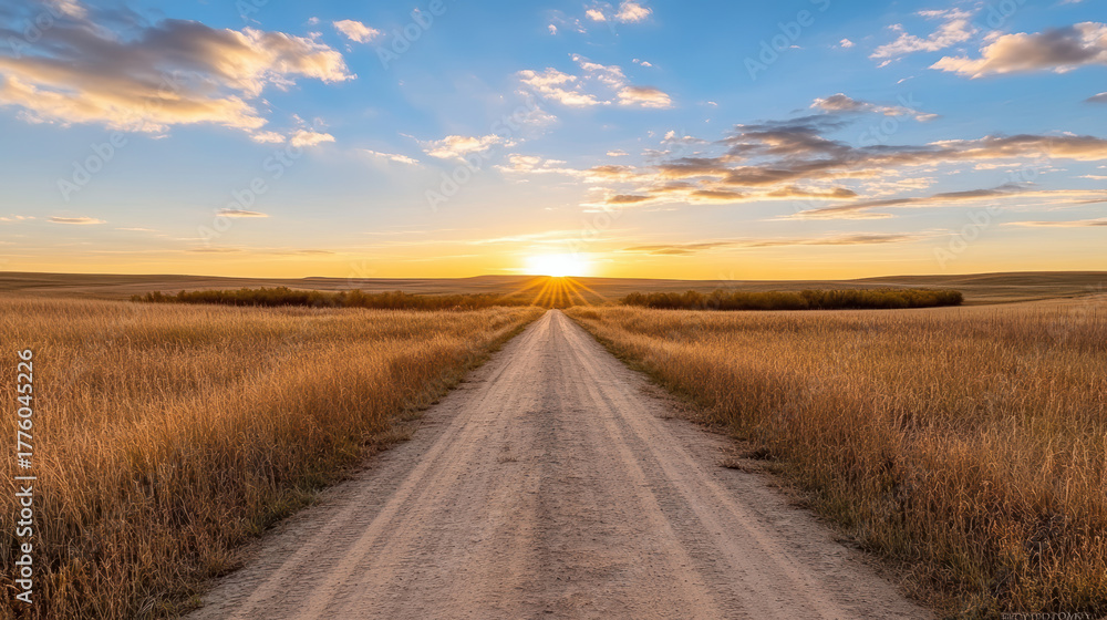 Fototapeta premium Serene dirt road stretches toward glowing horizon, surrounded by golden fields under vibrant sky