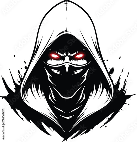 Dark cloaked assassin with glowing red eyes and mask vector illustration