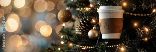 Festive paper coffee cup hanging on christmas tree with shimmering lights and gold ornaments. Horizontal banner. Copy space. For a cafe, cafeteria, bar, coffee shop, bakery, pastry shop