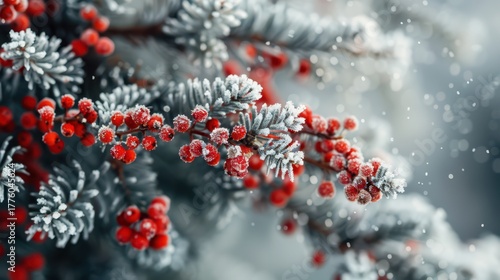 Snow covered red berries and pine branches for a festive christmas and new year design. Horizontal banner. Copy space. Happy New Year. Merry Christmas. Free space for text