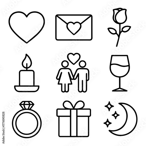 A comprehensive vector icon set depicting various romantic and celebratory elements, ideal for conveying feelings of love, special moments, and heartfelt occasions in modern digital and print designs