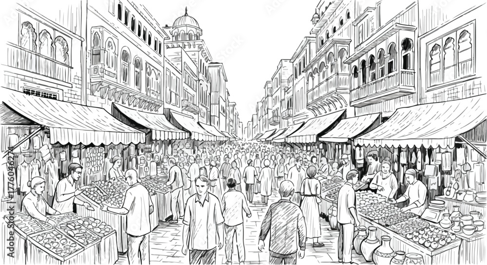Obraz premium Crowded marketplace urban scene vector line art illustration.