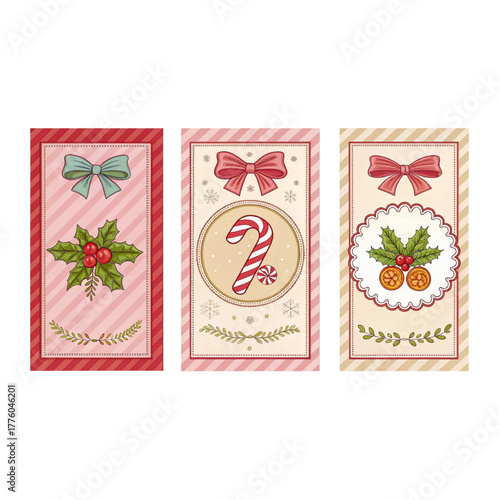 Striped Christmas Greeting Cards Featuring Holly, Candy Cane, Ornaments and Decorative Holiday Bows