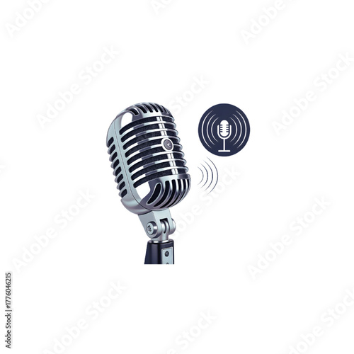 Vintage Microphone with Sound Waves and Icon for Podcast, Broadcast or Audio Recording Design