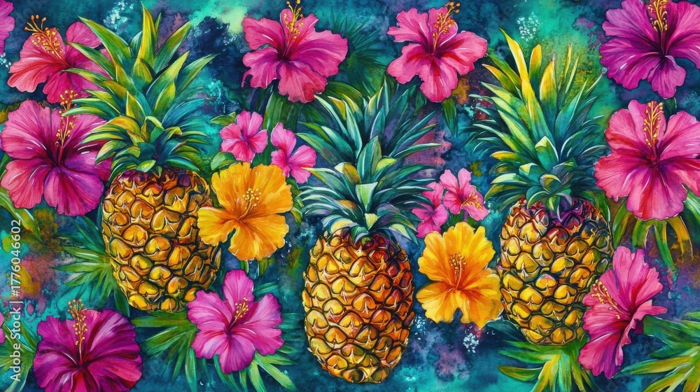 Fototapeta premium Three pineapples surrounded by vibrant hibiscus flowers in tropical setting