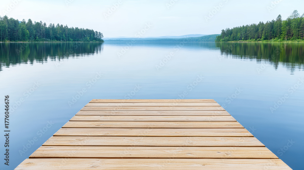 Fototapeta premium Calm still water reflects trees and sky, creating peaceful atmosphere at dock