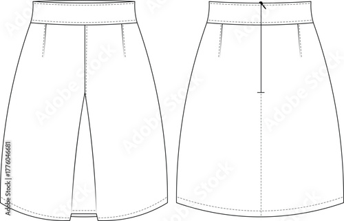 mid high rise waist pleated short mini darted tailored zippered a line straight skirt template technical drawing flat sketch cad mockup fashion woman design style model 
