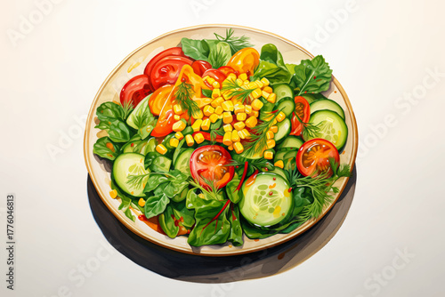 garden salad with tomato, cucumbers, corn, lettuce, and vegetables vector for fresh food and healthy meal concept