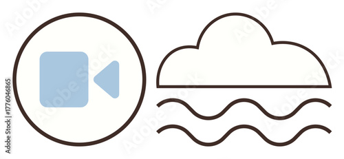 Camera icon paired with cloud and waves illustrating data streaming, storage, connectivity, and innovation. Ideal for technology, cloud solutions, media platforms, communication, internet services