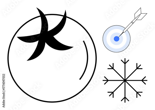 Target with arrow symbolizes precision, large flowing form conveys motion, and intricate snowflake element denotes uniqueness. Ideal for accuracy, uniqueness, movement, creativity, individuality