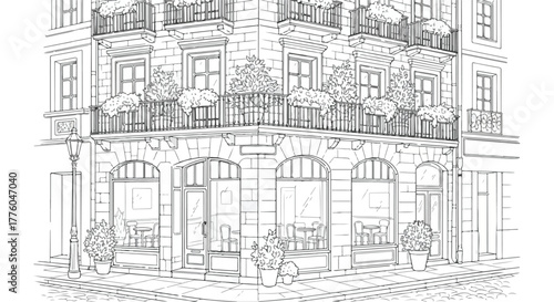 Corner building architecture urban facade vector line art illustration.