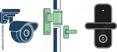 Surveillance camera, door lock, traditional handle, security hardware vector, access control system, black silhouette, home safety icon, protective design