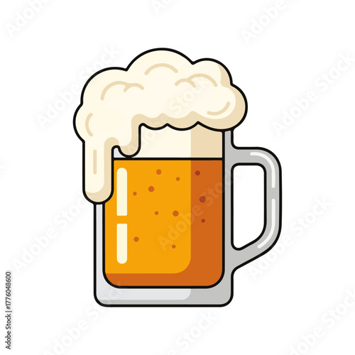 A delightful, frothy beer mug illustration with overflowing foam, perfect for pub menus, beverage advertisements, Oktoberfest themes, and craft beer promotions – flat vector design