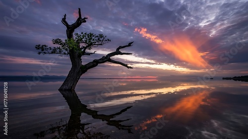 Dramatic sunset over calm water with silhouetted dead tree reflection
