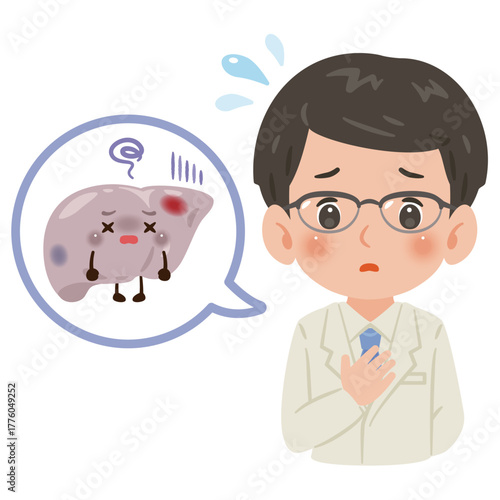 不健康な肝臓のキャラクターと白衣を着た男性医師　上半身イラスト／Unhealthy Liver Character with Male Doctor in White Coat　upper body illustration