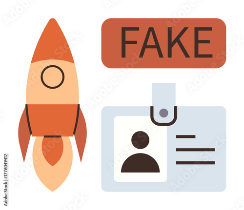 Rocket symbolizing innovation paired with a fake ID badge and fraud text addressing deception and scam warnings. Ideal for technology, startup, fraud awareness, identity theft, innovation, security