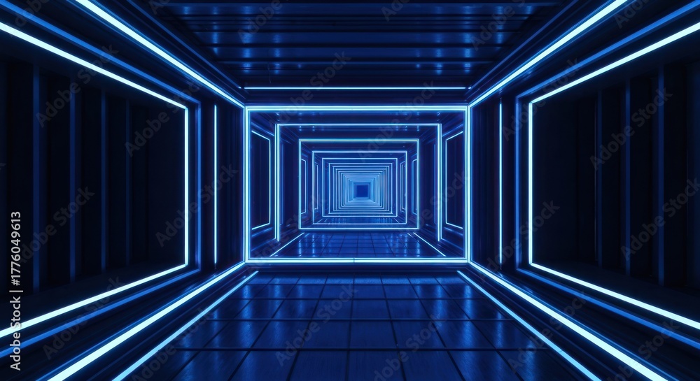 Fototapeta premium Futuristic, geometric corridor with receding square frames glowing bright blue
