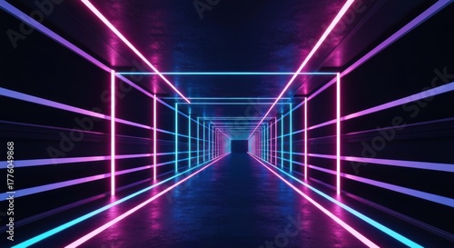 Fototapeta Naklejka Na Ścianę i Meble -  Futuristic tunnel bathed in neon light. Linear perspective leads to a dark portal