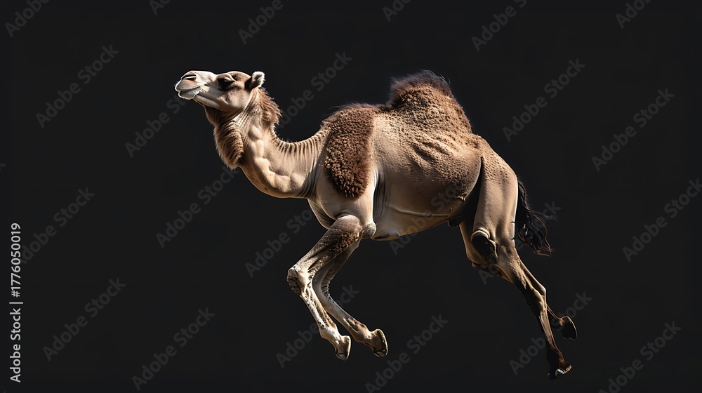 Fototapeta premium A dromedary camel walks dynamically against a plain dark background for advertising.