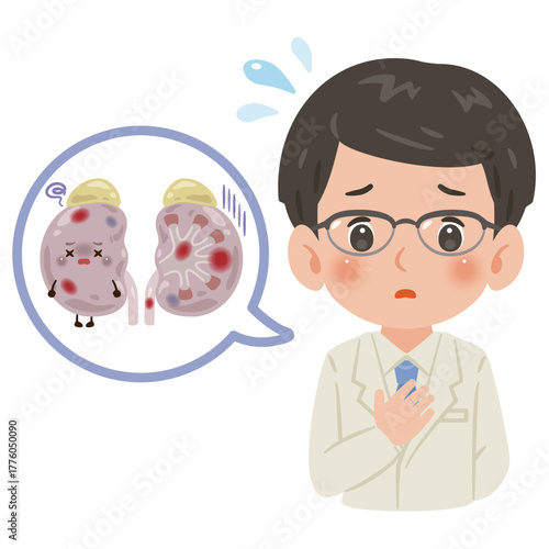 不健康な腎臓のキャラクターと白衣を着た男性医師　上半身イラスト／Unhealthy Kidney Character with Male Doctor in White Coat　upper body illustration