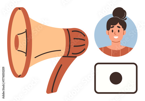 Megaphone alongside a smiling woman s portrait and notification element conveys communication, feedback, and promotion concepts. Ideal for marketing, announcements, outreach, social networking
