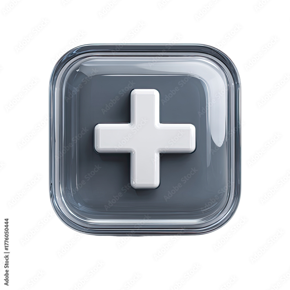 Obraz premium Glassy square button featuring a raised, white plus symbol on a gray background