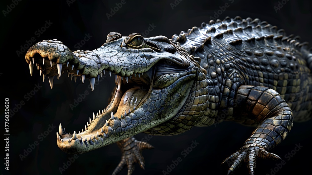 Fototapeta premium Crocodile fiercely opens its powerful jaws, displaying sharp teeth, suitable for wildlife.