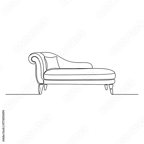 Vintage chaise lounge drawing in minimalist single-line black outline