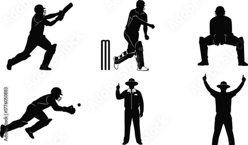 Cricket player silhouettes, batsman, bowler, wicketkeeper, fielder, umpire, black vector icons, sports action poses, stumps, dynamic movement, gear