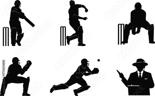 Cricket player silhouettes, batsman, bowler, wicketkeeper, fielder, umpire, black vector icons, sports action poses, stumps, dynamic movement, gear