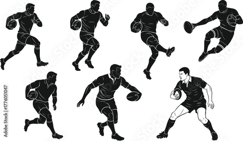 Rugby player silhouettes, running, kicking, passing, dodging, holding ball, black vector icons, sports action poses, dynamic movement, athletic gear