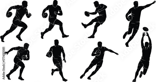 Rugby player silhouettes, running, passing, kicking, catching, holding ball, black vector icons, sports action poses, dynamic movement, athletic gear