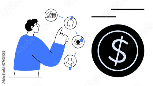 Person points towards sensory elements touch, sight, smell, and hearing linked to a dollar symbol. Ideal for finance, decision-making, senses, marketing psychology, value user experience