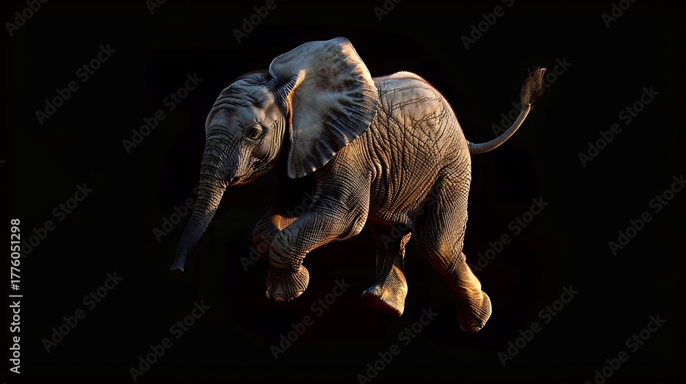 Obraz premium Young elephant walking dynamically highlighted against a dramatic dark backdrop for advertising.
