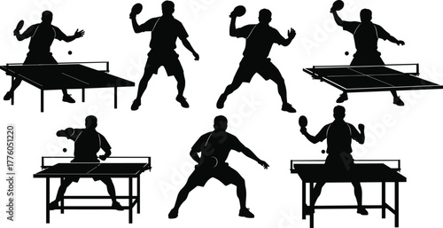 Table tennis player silhouettes, ping pong action, serving, returning, black vector icons, paddles, ball motion, sports poses, agility, reflex