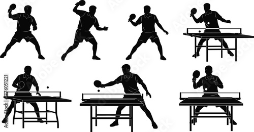 Table tennis player silhouettes, ping pong action, serving, returning, black vector icons, paddles, ball motion, sports poses, agility, reflex