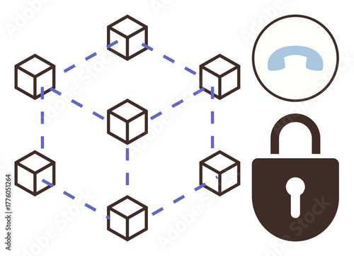 Blockchain interconnected cubes form a digital network, paired with a padlock for security and a phone receiver symbol. Ideal for technology, cybersecurity, blockchain, data sharing, communication