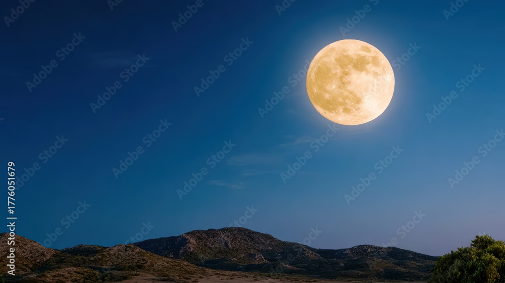 Fototapeta premium Bright full moon rising over distant hills creates serene and cinematic atmosphere