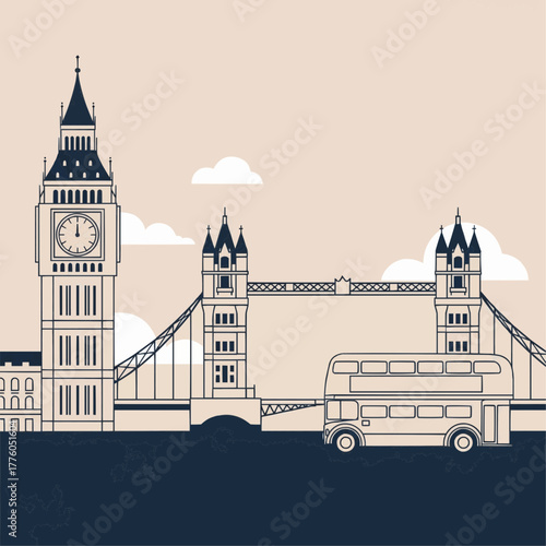iconic London elements such as big ben, tower bridge, and double-decker bus