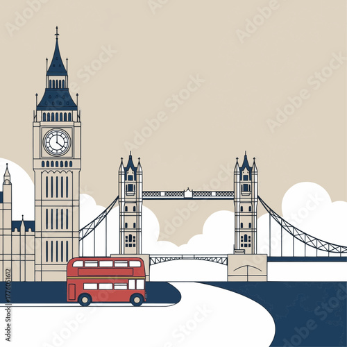 iconic London elements such as big ben, tower bridge, and double-decker bus