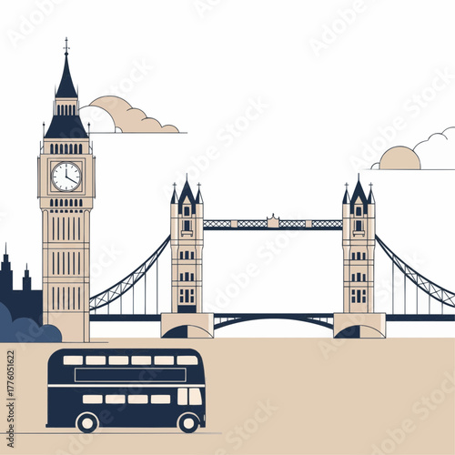 iconic London elements such as big ben, tower bridge, and double-decker bus
