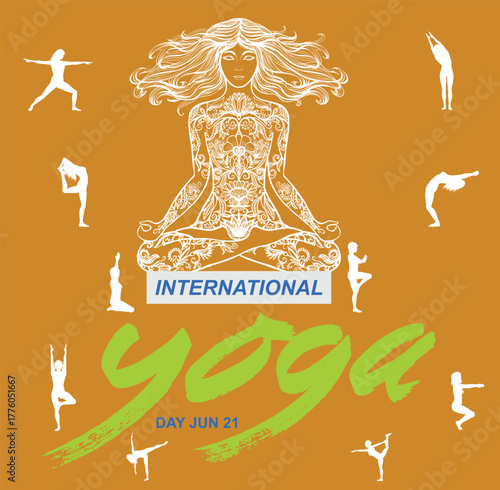International Yoga Day Vector Poster with Meditative Woman and Yoga Pose Silhouettes – June 21 Wellness Concept