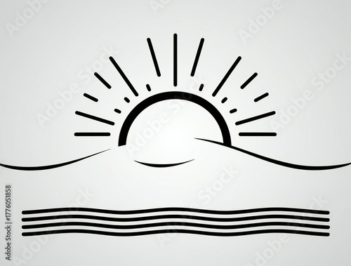 Minimalist sunrise over mountains and water line art