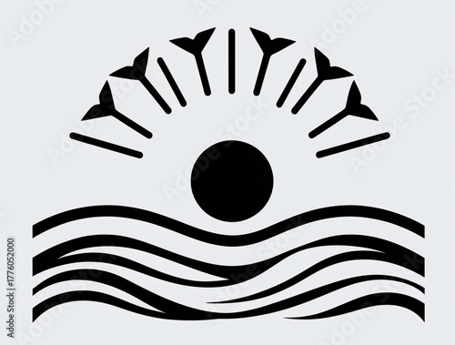 Stylized sun rising over wavy water in a simple graphic design