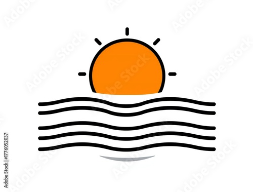 Stylized sunrise over wavy water line art icon