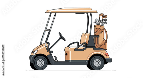 Vector illustration of a modern golf cart with a bag of clubs, isolated on a white background for sports and recreation design