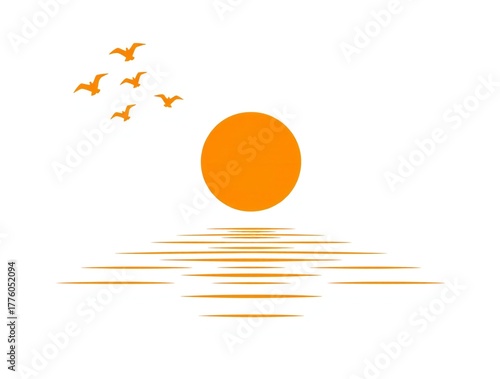 Vibrant orange sunset over calm water with birds flying